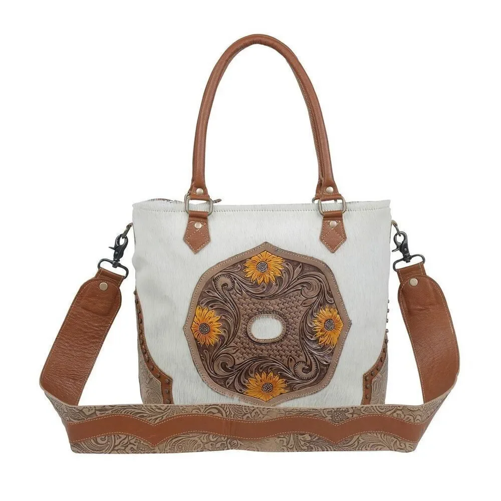 Myra Bag Handmade Burnished Hand Tooled Bag Upcycled Canvas & Cowhide Leather